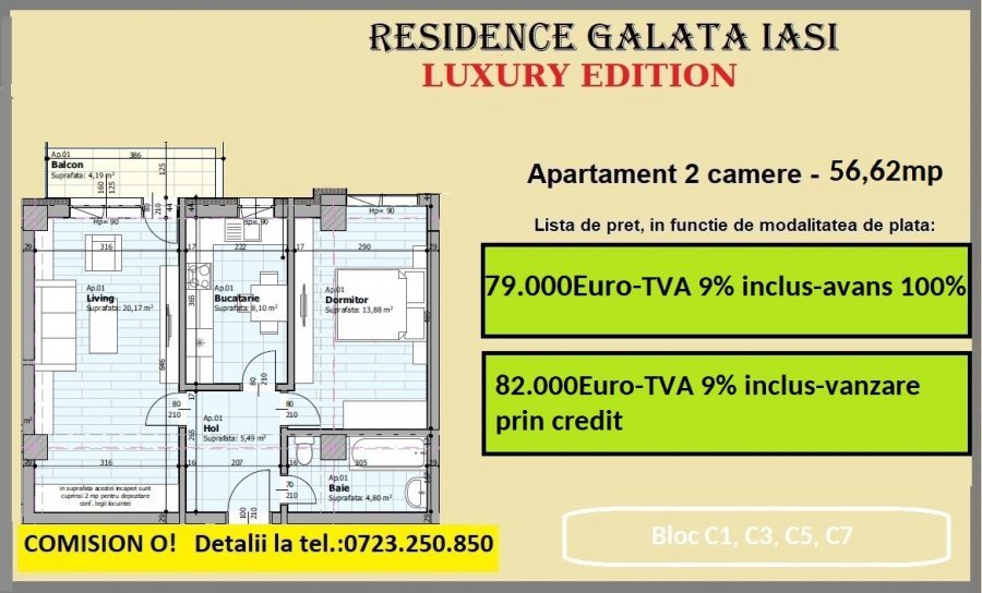 Proiect nou, apartamente 2 camere decomandate, compartimentari clasice
